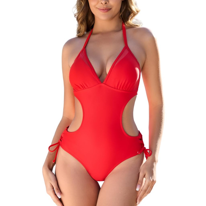 Жіночий суцільний купальник Monokini з мереживом, червоний (Getaway Solids) - Розмір S