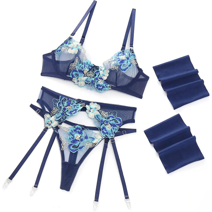 Сексуальна спідня білизна Dessous для жінок: комплект з бюстгальтером, трусиками та стрінгами з мереживом, 4 шт. (темно-синій)