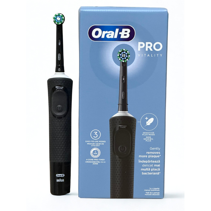 Електрична зубна щітка Oral-B Vitality Pro (чорна) — 3 режими чищення, таймер, 2D-очищення від нальоту, акумуляторна, 1 шт.