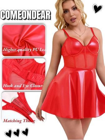 Комплект нічної сорочки та трусиків Babydoll з мереживом і екошкірою, червоний, великі розміри