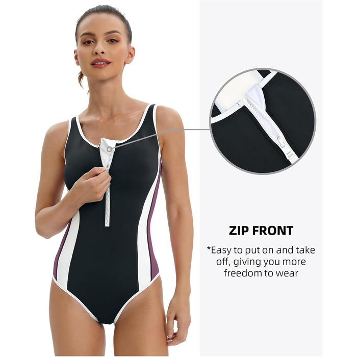 Жіночий спортивний купальник Racerback чорного кольору. Спортивна мода для плавання (44, фіолетово-чорний)
