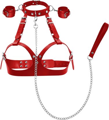 Набір BDSM 6-в-1: наручники, шлея для тіла, чіп, батіг, маска для очей, мотузки для фіксації. Для пар. Червоний колір.