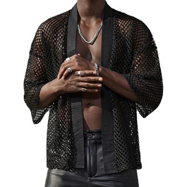 Чоловіча прозора блуза з довгим рукавом Panegy, мереживна сорочка, сітчаста, облягаюча, чорна, розмір L