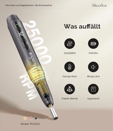Професійний бездротовий апарат для манікюру та педикюру MelodySusie PC180G, електрична фреза для нарощених нігтів 25000 об/хв, 25 рівнів швидкості, LED-дисплей (Чорний)