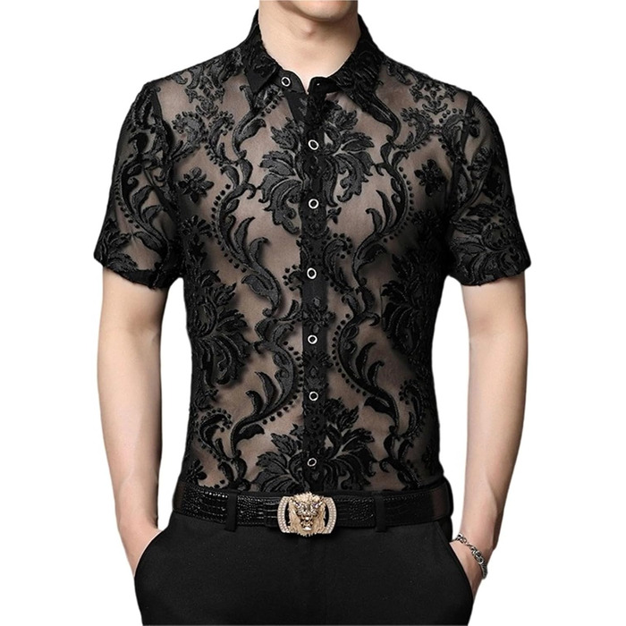Чоловіча сорочка AWMew, мереживо, сітка, коротка, клубний стиль, чорна, розмір S