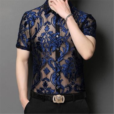 Чоловіча сорочка Sawmew, сітка, прозора, коротка, для клубів, мереживна, блакитна S