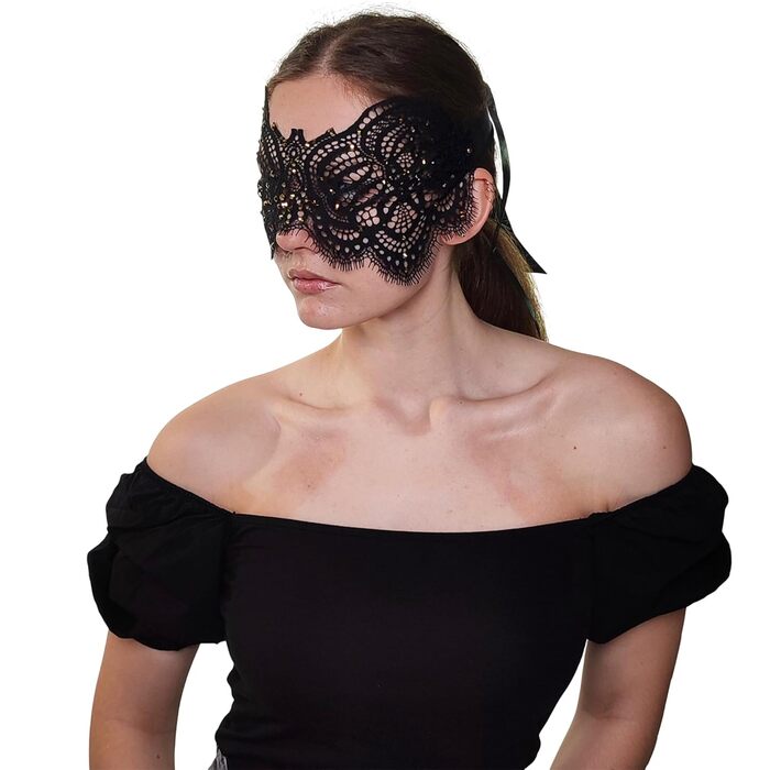 Чорна мереживна маска для жінок з блакитними стразами – венеціанська маска для маскарату, карнавалу, Хелловіну, вечірки, Фашинг, бал-маскарад, ручна робота, елегантна маска для очей (Чорний (блакитні стрази))