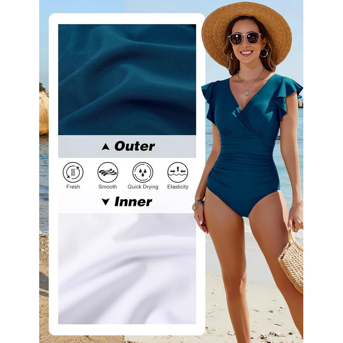 Жіночий купальник Yuson Girl з рюшами, V-подібним вирізом, корегуючим ефектом та підтримкою грудей, монокіні, висока талія (Pfauenblau, XXL)