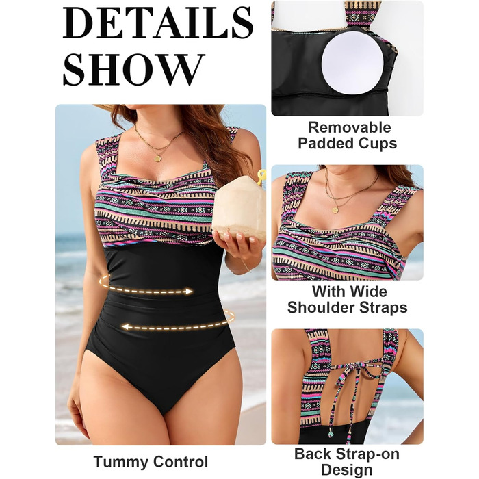 Світшот Badeanzug Damen Einteiige Bauchweg Bademode Push Up Swimsuit Vintage Raffung One Piece Große Größe Schwimmanzug Tummy Contro Schankheits Strandmode (Bunte Drucke, S)