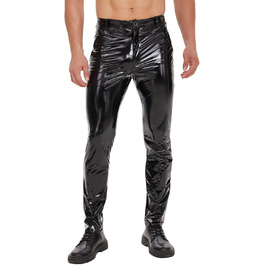 Чоловічі шкіряні штани Xokesy з блискучої шкіри, сексуальний вигин з блискавкою, еластична PU-шкіра, прямі, повсякденні штани для костюмів, косплею, нічного клубу (38, чорний)