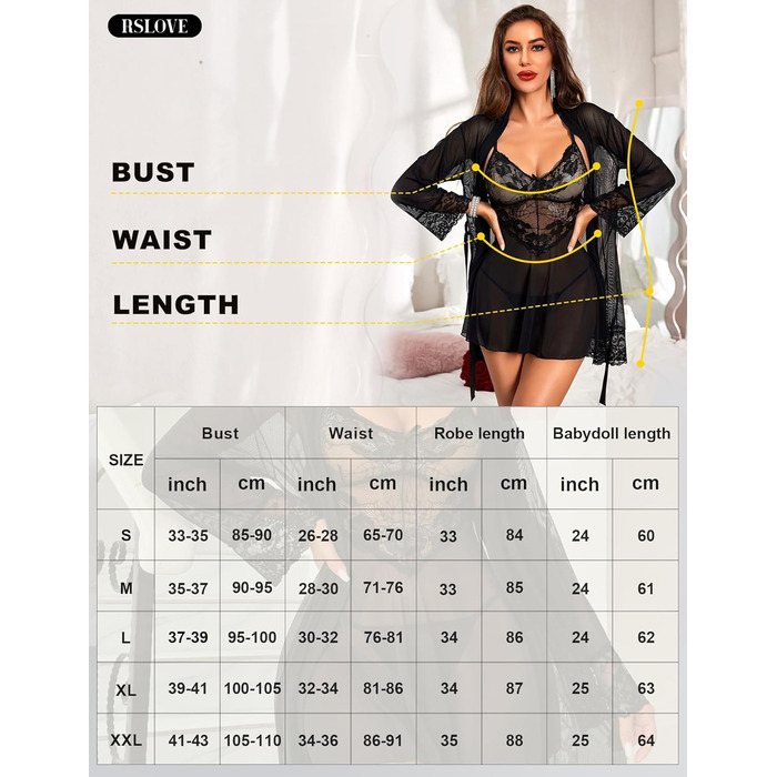 Комплект спідньої білизни RSLOVE: мереживний кімоно, бюстгальтер та труси (3 частини), чорний