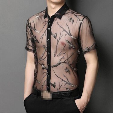 Чоловіча сорочка Deepsko з вишивкою, прозора нижня частина, літня сітка, сексуальний короткий рукав, чорний, XL