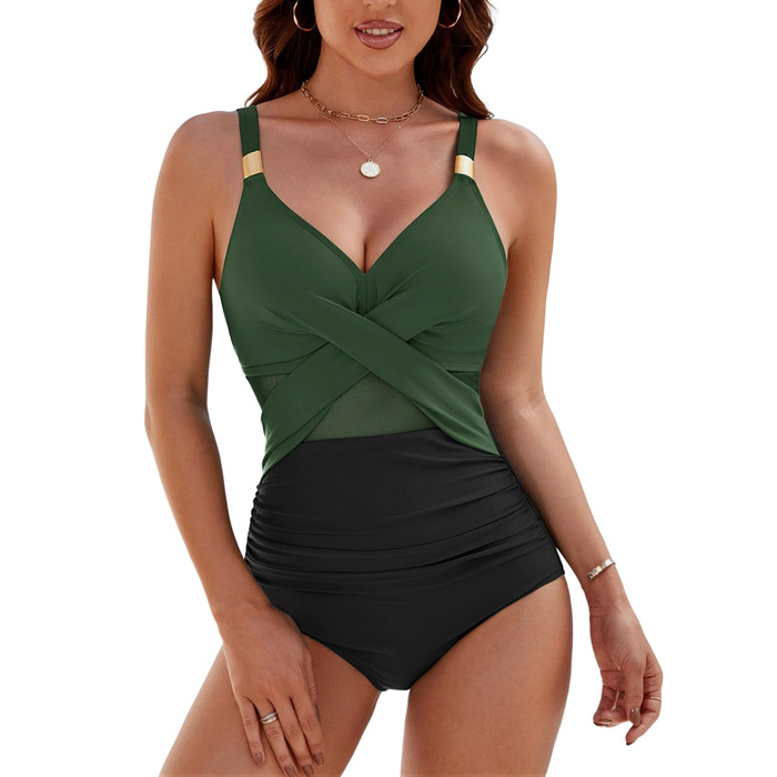 Спортивний купальник для жінок з ефектом корекції фігури, великі розміри, Push Up, висока талія, з чашками, Bademode, зелений та чорний, XXL