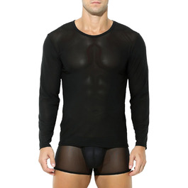 Чоловіча футболка з довгим рукавом, прозора, сітчаста, облягаюча, чорна (XXL)