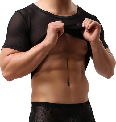 Чоловіча прозора футболка, мереживна сорочка, облягаючий крій, сексуальна білизна, чорний колір, розміри S, M, L, XL