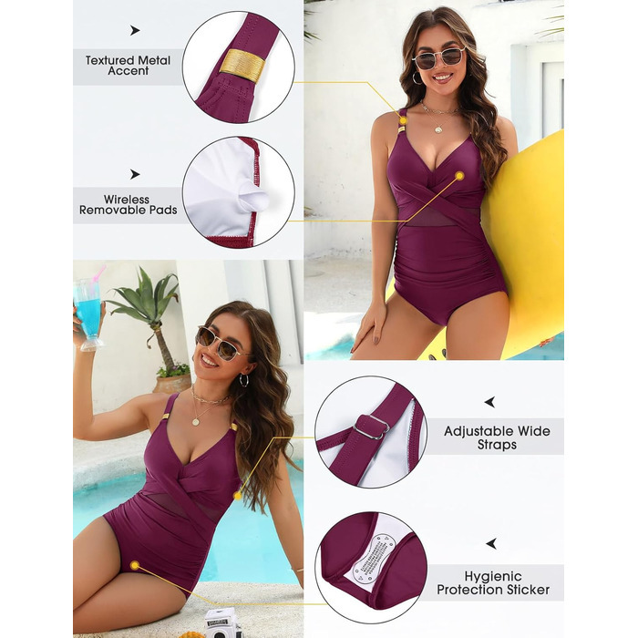 Спортивний купальник для жінок з ефектом талії, великі розміри, Push Up, висока талія, з чашками, Bademode (Lila Rot, S)