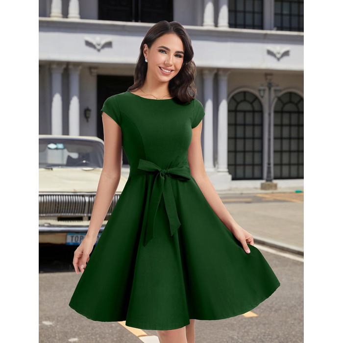 Сукня Dressystar вінтажна 50-х років з короткими рукавами в горошок, темно-зелена, розмір L