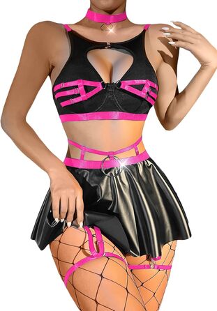 Комплект сексуальної білизни: панчохи, чокер, галстук-стріжку, бюстгальтер з кісточковою підтримкою, спідниця - 5 предметів. Чорний/Гарячий рожевий