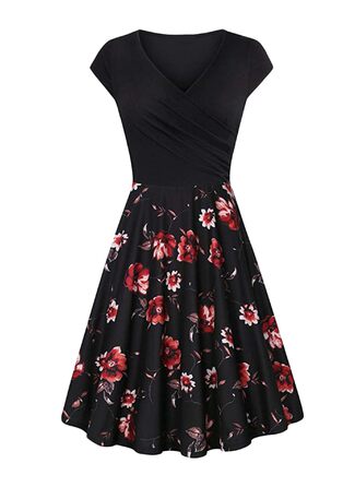Сукня Damen Sim Fit V-подібний виріз А-силует у стилі 1950-х років, квіткова (чорно-червона, XXL)