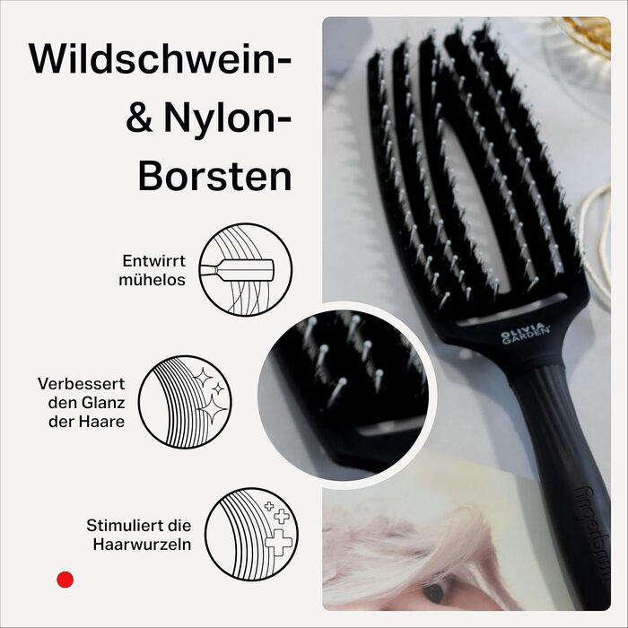 Іонізуюча щітка для волосся Olivia Garden Fingerbrush Combo (середня, 6 рядів) для сушіння, вирівнювання та догляду за середнім та довгим волоссям, з щетиною кабана та антистатичним нейлоном