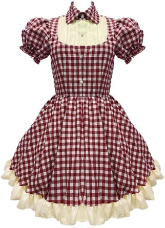 Сукня Лоліта в клітинку TTYAO REII з нагрудником, Короткий рукав, Костюм для косплею, Сукня для Хелловін, XXL, Темно-червоний, Бежевий