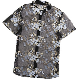 Чоловіча сорочка з коротким рукавом, квітковий вишитий мереживний топ, прозора сорочка, чорний колір, розмір XXXXX-Large