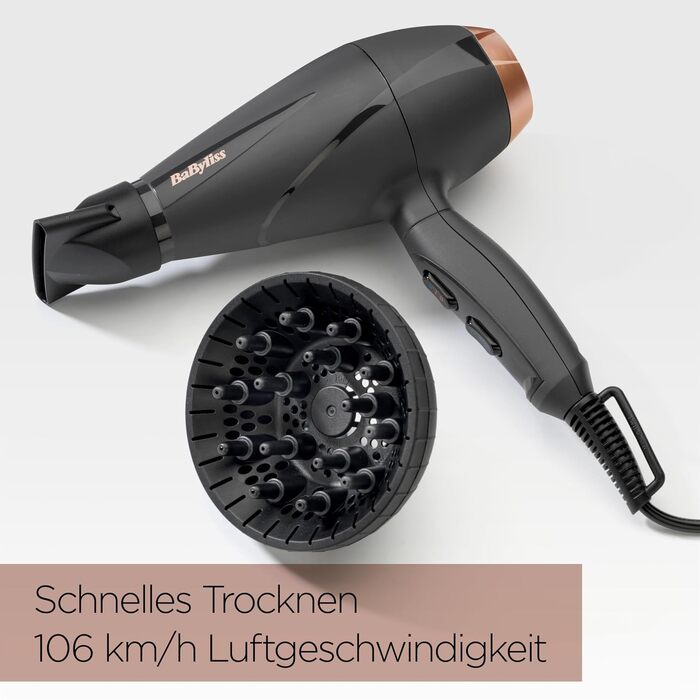 Фен для волосся BaByliss Smooth Pro 6709DE з дифузором, 2100 Вт, іонна технологія проти пухнання, 3 температурні режими, чорний