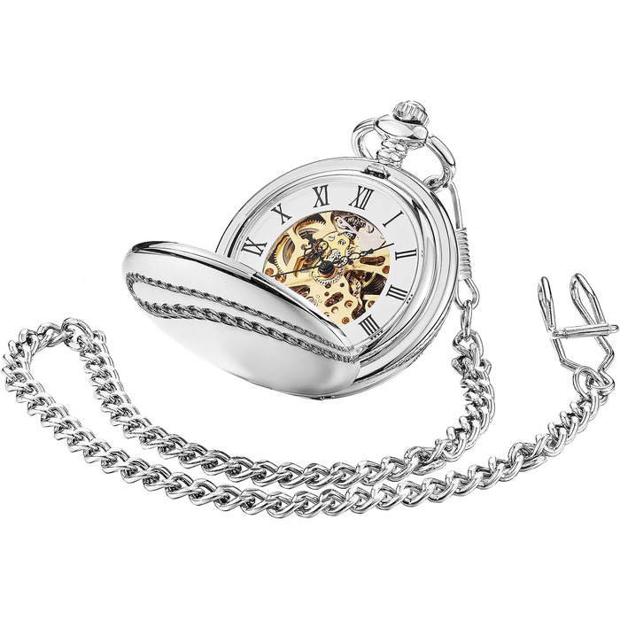 Чоловічий кишеньковий годинник ShoppeWatch з ланцюжком, механічний з ручним заводом, вінтажний стиль стімпанк 1920-х років, сріблястий