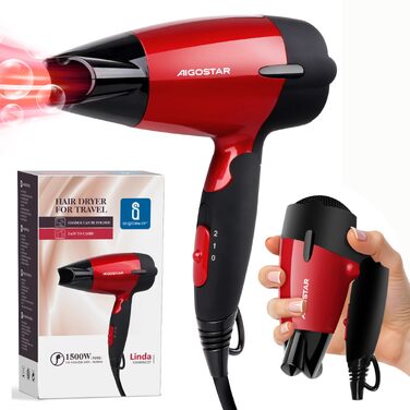 Складаний дорожній фен Aigostar 1500W з подвійною напругою (110-220V), компактний фен для подорожей, легкий (400г), кабель 1.75 м