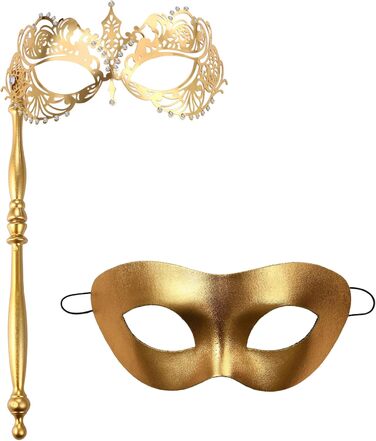 Маска для карнавалу та Хелловіну JewelryWe венеціанська пара з держаком, металева, зі стразами (Золота)