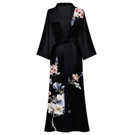 Жіночий шовковий халат-кімоно Moreone з квітковим принтом, довгий, атласний, для нареченої та дружок, нічна сорочка (Чорний, 6)