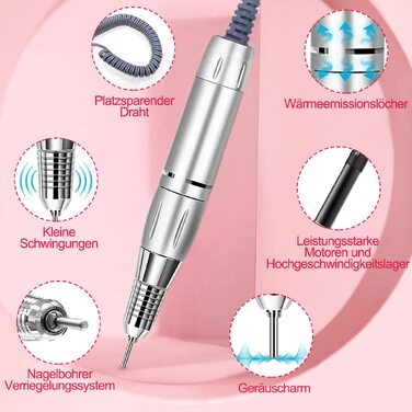 Електричний апарат для манікюру та педикюру NAILGIRLS 11 в 1, 35000 об/хв, з LCD-дисплеєм та педаллю, професійний набір для нарощених нігтів та гель-лаку (Білий)