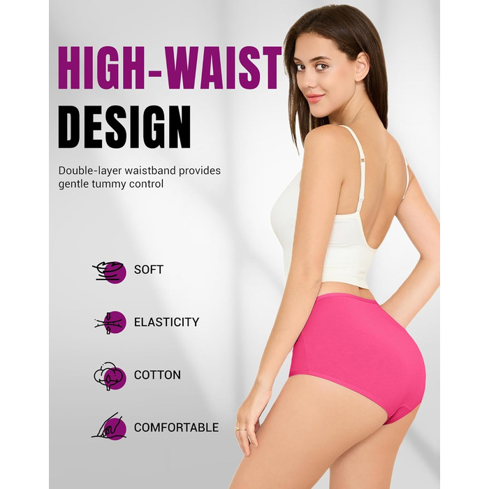 Труси жіночі TANSTC 5 шт. бавовна, висока талія, дихаючі, м'які. Розміри: L, темно-фіолетовий+магента+лимонний+бірюзовий+морський блакитний