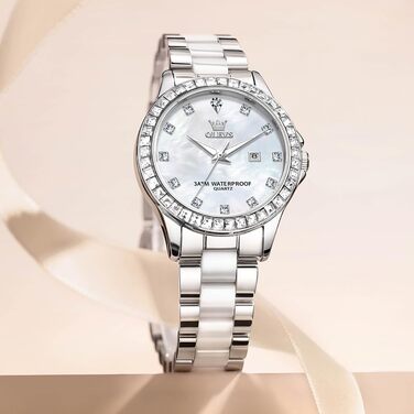 Жіночий годинник OLEVS Luxury — Елегантний розкішний годинник з діамантовим напиленням, колір рожеве золото, керамічне скло (3651 Срібло)