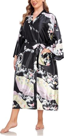Кимоно халат для жінок, великі розміри, сатин, квітковий принт, чорний, XL
