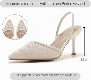 Жіночі туфлі-слинбеки з вишивкою та перлами на низьких підборах (Kitten Heels), білі, з гострим носком — весільне взуття, розмір 40 EU