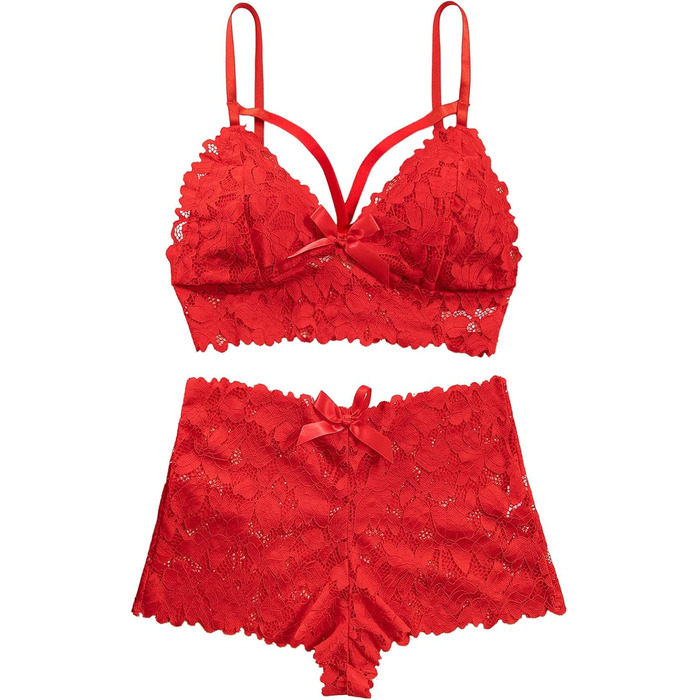 Сексуальний комплект нижньої білизни Lilosy з високою талією та V-подібним вирізом, блакитне мереживо, бюстгальтер та труси, 2-частинний, колір: світло-червоний (M)