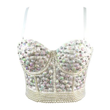 Жіночий бюстгальтер Push Up з корсетом, готичний стиль, стрази, діаманти, Cubwear, для вечірок, з регульованим ремінцем (L, білий)