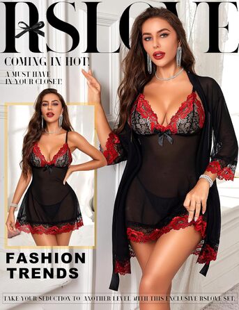 Сексуальна спідня білизна RSLOVE для жінок: мереживний бабідол з халатом, нічна сорочка, нічна сорочка, чорний, червоний, XL