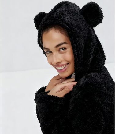 Жіночий флісовий комбінезон MANGGUO з капюшоном та застібкою на попі, теплий піжамний комплект, чорний