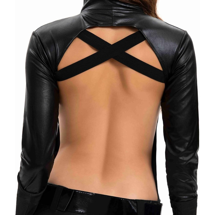 Латексний жіночий комбінезон-кальсони з відкритим верхом, чорний. Комплект з рукавичками, маскою та поясом. Сексуальний латексний костюм для дорослих.