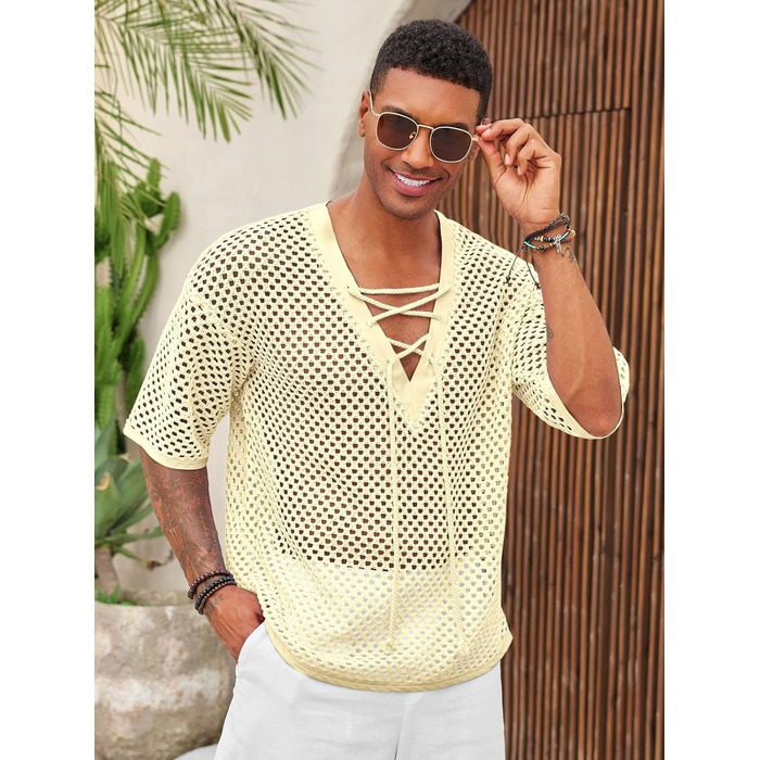 Чоловіча пляжна сорочка Runcati з шнурівкою, V-подібний виріз, в'язана, мереживна, прозора, літня (Бежевий, M)