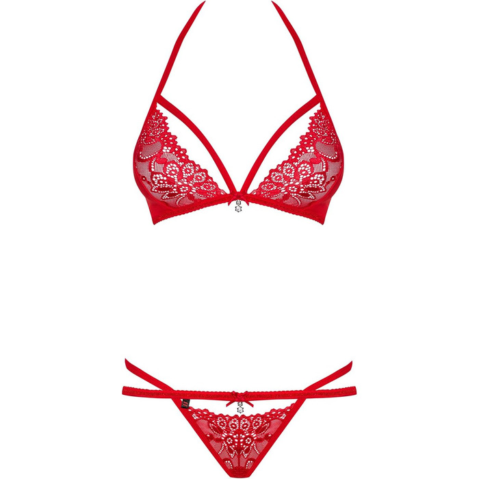 Obsessive: Комплект спідньої білизни Obsessive (Стрінг та бюстгальтер без бретелів) з глибоким вирізом, червоний, мереживний, прозорий, з бантиками, розмір S/M