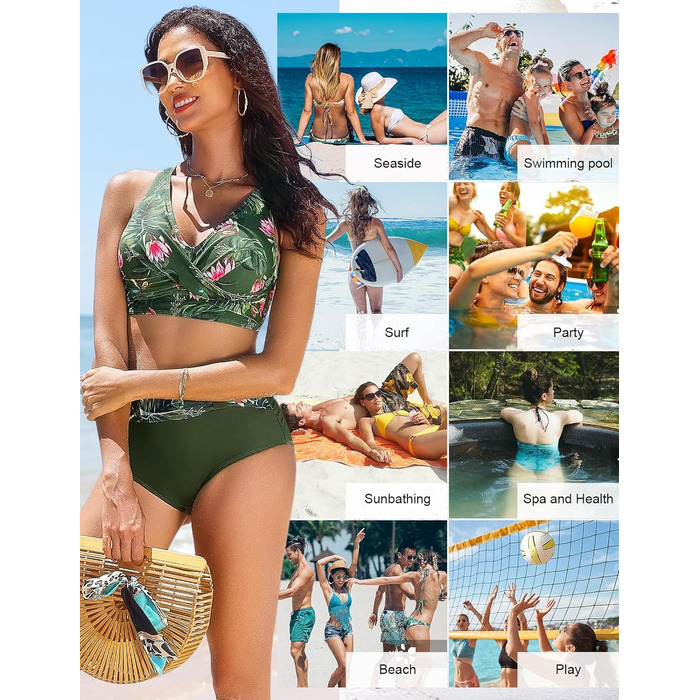 БІКІНІ Nadeer для жінок: сексуальний V-подібний виріз, push-up, двокомпонентний купальник, перехресний дизайн, висока талія, пляжний аксесуар, рожево-зелений колір (M)