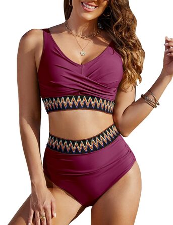 БІКІНІ жіночий комплект з високою талією, купальник з животом, двочастинний сексуальний V-подібний виріз, пуш-ап бікіні, кольоровий смугастий, великі розміри, бікіні для пляжу (пурпурно-червоний, L)