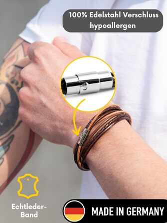 Шкіряний браслет Simaru Designer плетений з магнітною застібкою з нержавіючої сталі, натуральна рослинна шкіра, Made in Germany (XL, 18-19 см, світло-коричневий)