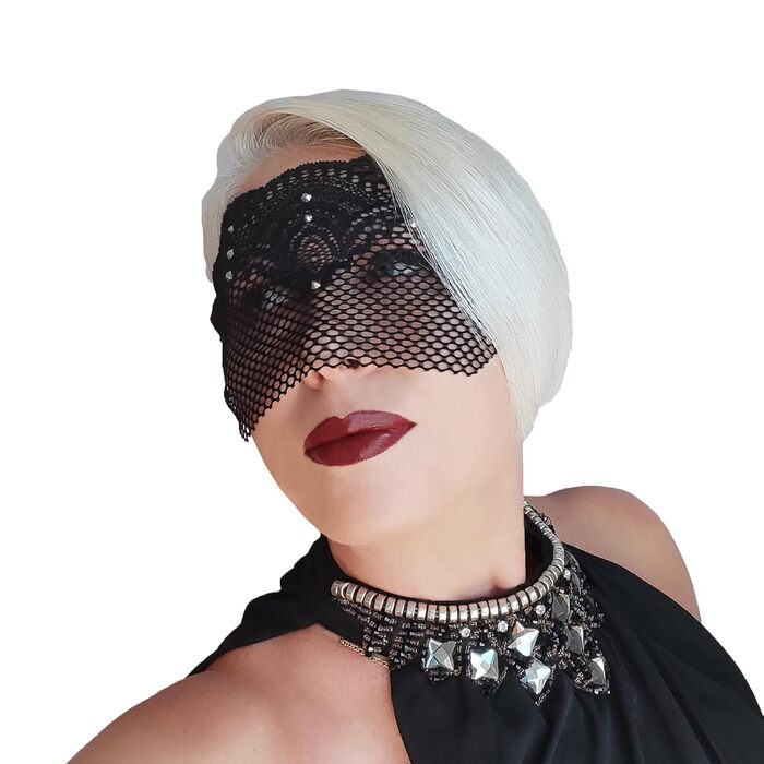 Чорна мереживна півмаска для жінок з червоними стразами – венеціанська маска для маскараду, карнавалу, весілля, вечірки, косплею, бурлеску та Марді Гра (Чорний (білі стрази))