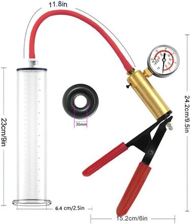 Ручна вакуумна помпа для збільшення пеніса з манометром та металевою ручкою - для ерекції та тренування витривалості, прозора помпа для чоловіків, секс-іграшка (23 * 6.4 см)