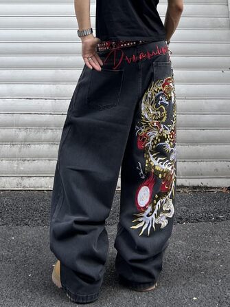 Чоловічі джинси Baggy з вишивкою, широкі штани денім (XXL, чорні, A50)