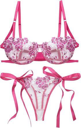 AEAU Комплект жіночої білизни: мереживний бюстгальтер та танга, прозорий, push-up, мереживний, квітковий, бралетта, S-XL (Рожевий, XL)